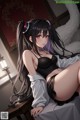 Anime girl with long black hair sitting on a bed.