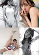 A collage of photos of a woman laying on a bed.